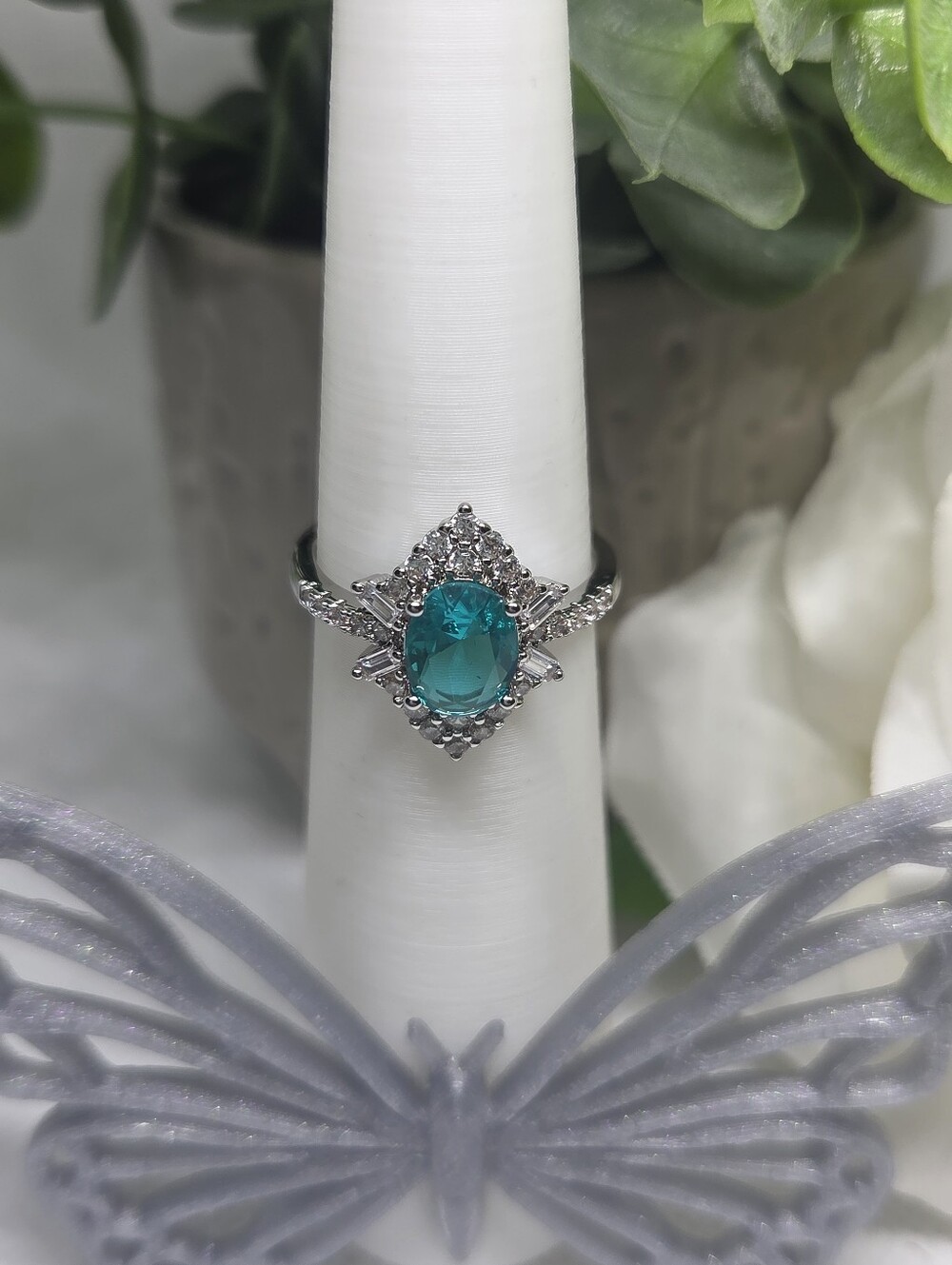 BP Elegant Pariba Tourmaline Halo Ring On Rhodium Plating